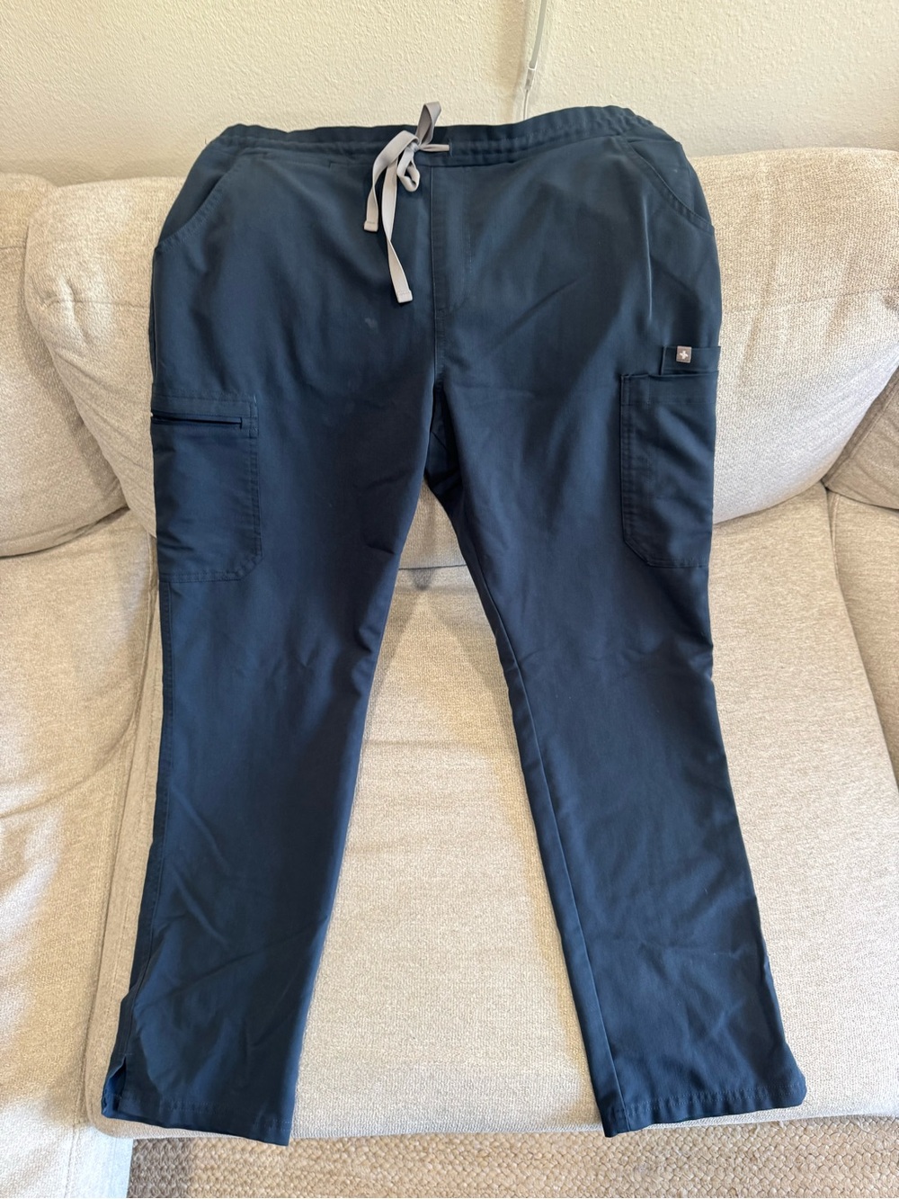 Figs Women's Skinny Scrub Pants in Navy with Gray Drawstring